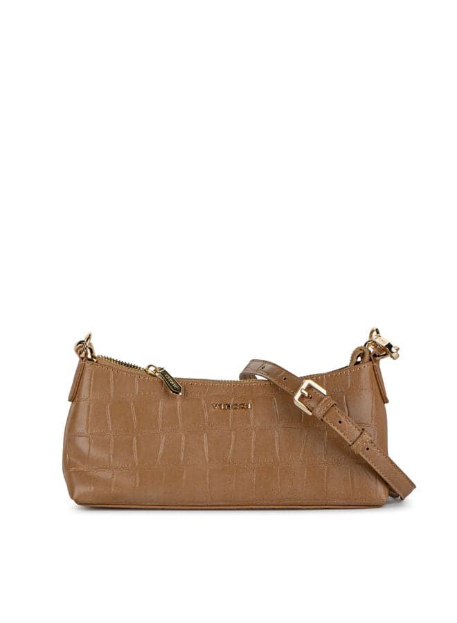 Vincci Elegance: Brown Patterned Shoulder Bag with Chain Detail