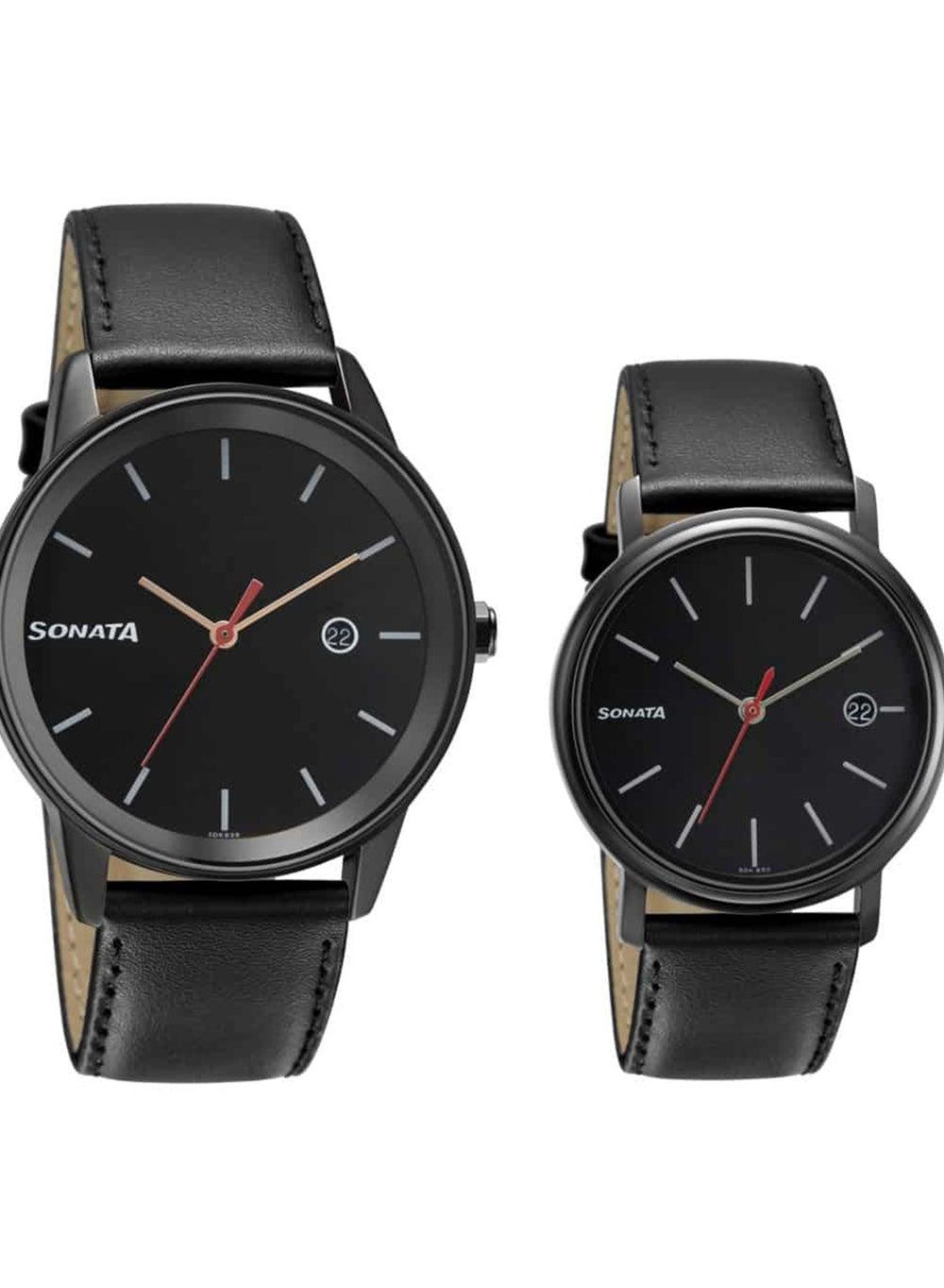 Sonata 713387029NL01 Elegance Leather Couple's Watch - 47mm