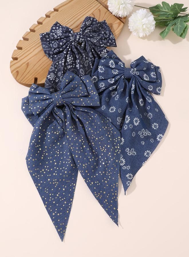 Floral Elegance Trio - Navy Floral & Star Ribbon Hair Clips