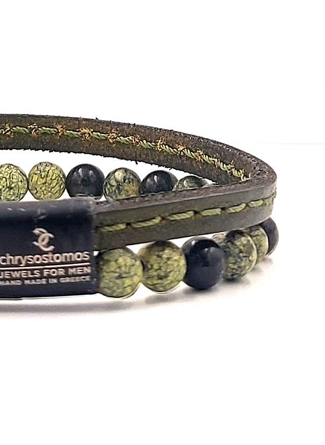 buy-chrysostomos-handmade-leather-beaded-bracelet-for-men-with-double-green-leather-strap-and-matte-larvikite_49v