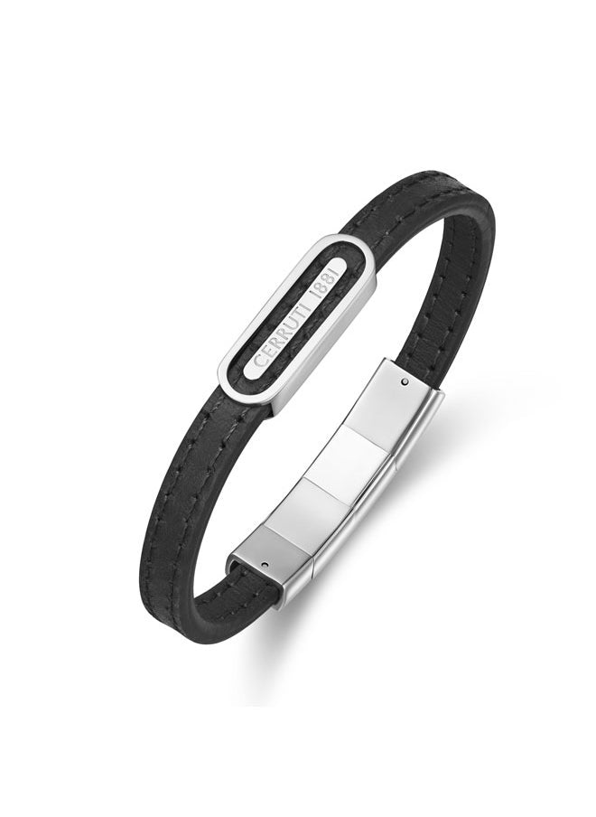 buy-cerruti-1881-ettore-black-flat-leather-and-stainless-steel-center-motif-bracelet-for-men_77r