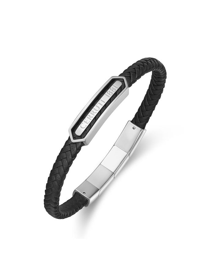 buy-cerruti-1881-sandro-black-leather-stainless-steel-logo-motif-bracelet-for-men_pz2