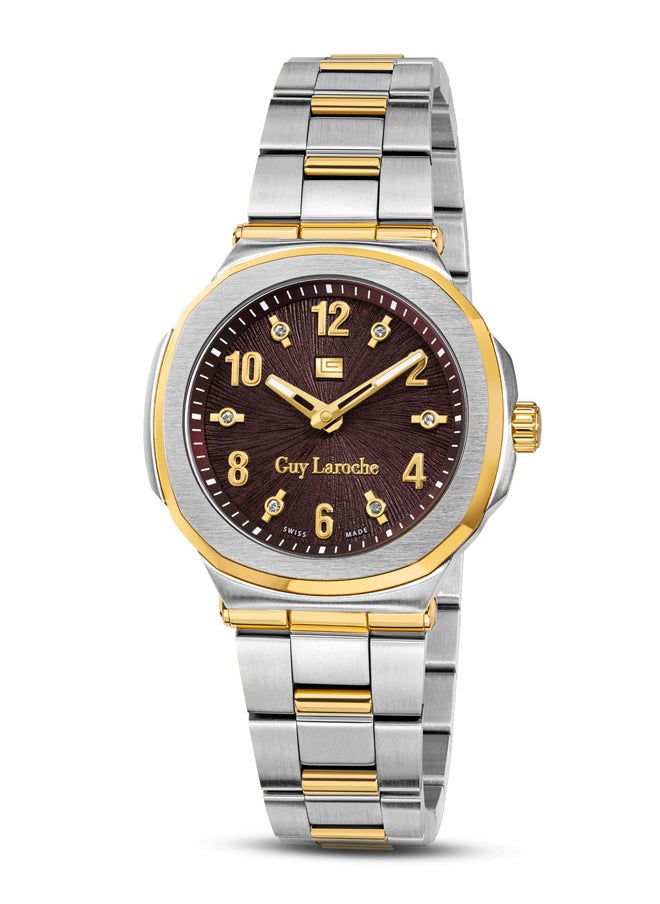 buy-guy-laroche-charlie-33mm-ladies-swiss-quartz-watch-with-brown-swirl-sunray-dial-gold-plated-stainless-steel-bracelet-sapphire-glass_nna