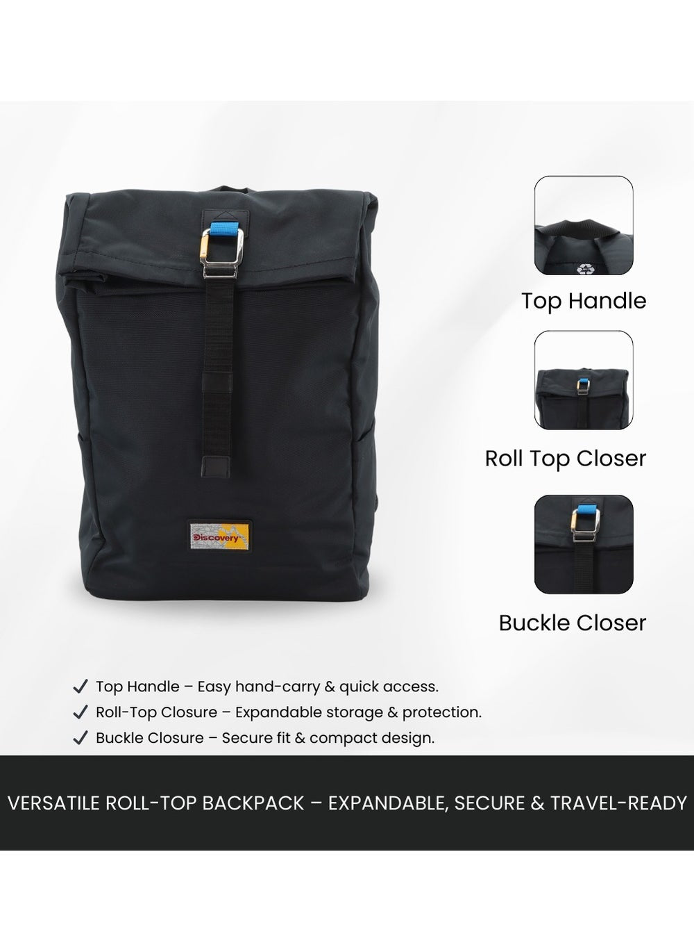 buy-discovery-discovery-icon-roll-top-15l-backpack-black-durable-lightweight-multi-compartment-travel-bag-padded-laptop-tablet-pocket-rfid-adjustable-strap-with-luggage-fix-strap-men-women-school-outdoor_052